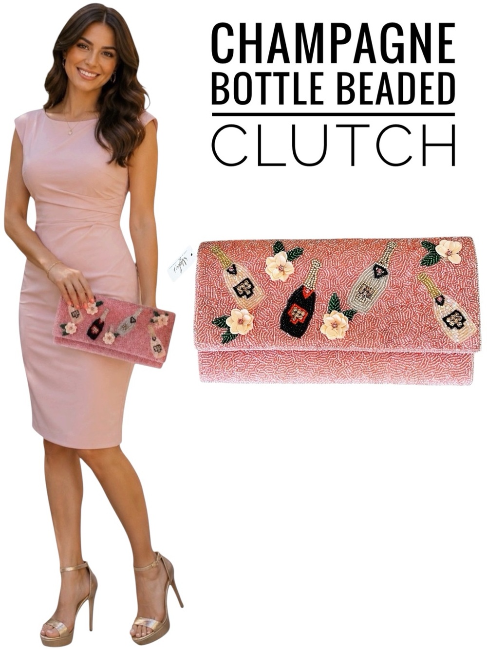 New Viola Lote Pink Champagne Floral Bead Sequin Rhinestone 9.5" Envelope Clutch